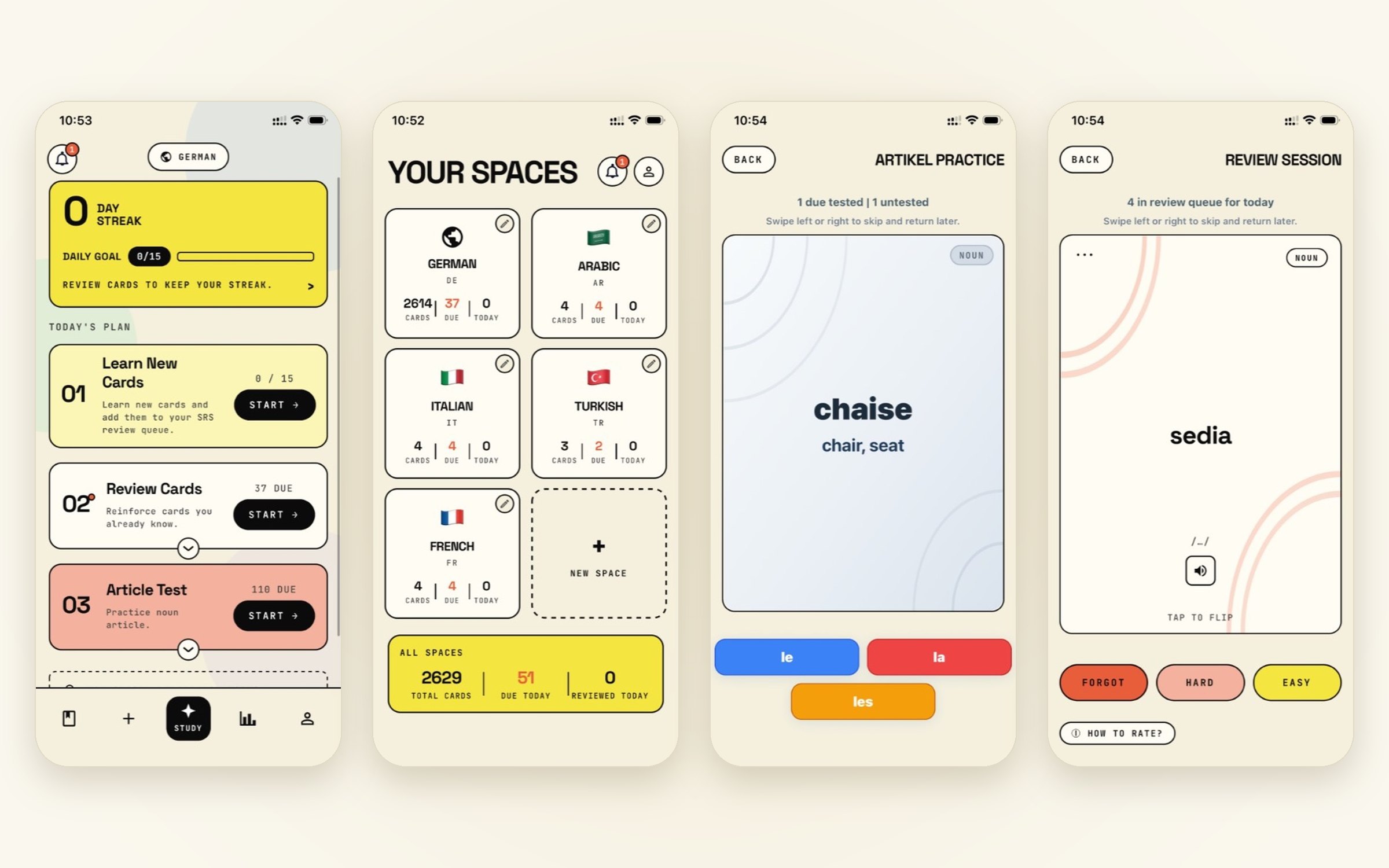 Flewi app — Today’s plan, language spaces, Artikel practice, and review session